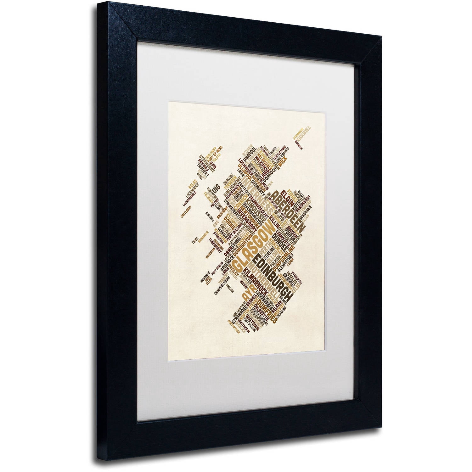 Trademark Fine Art "Scotland Typography Text Map 6" Canvas Art by Michael Tompsett, White Matte, Black Frame
