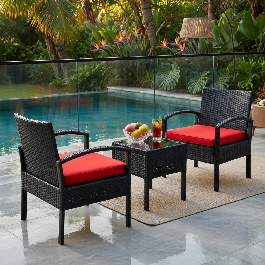 Hommoo 3-Piece Outdoor Wicker Patio Conversation Set, Rattan Chairs + Red Cushions + Tempered Glass Table for Backyard, Balcony & Poolside, Red