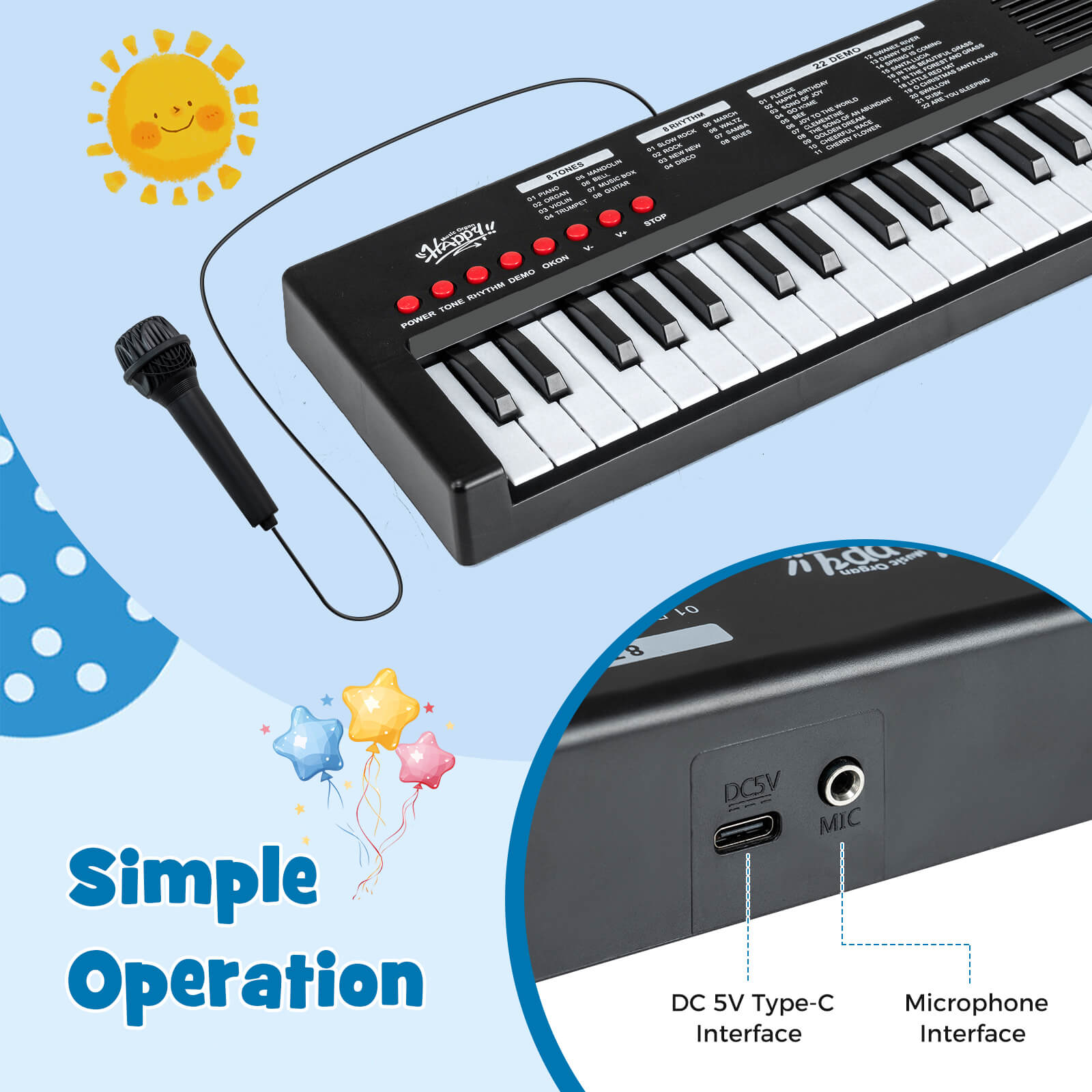 Costway Kids Piano Keyboard with 8 Rhythms 8 Tones 22 Demos for 3+ Years Old Boys & Girls Black