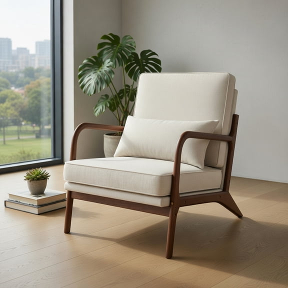 Resenkos Leisure Sofa Reading Chair, Accent Chair,Modern Accent Chair with Rubber Wood Armrests and Removable Back-Beige