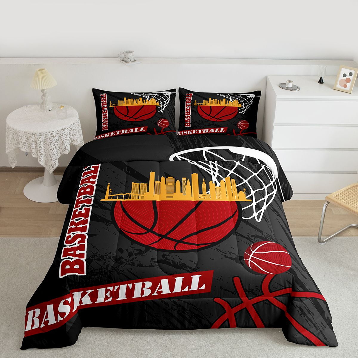 Feelyou Cartoon Basketball Print Queen Comforter Set, Black Red Graffiti Bedding Sets, Ball Sport Game Reversible Bedding Comforter Set, Breathable Home Decor, 3pcs