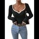 thumbnail image 3 of Camiseta de Larga con Escote Corazón para Mujer, de Punto Acanalado y Ribete en Contraste. Negro L, 3 of 10