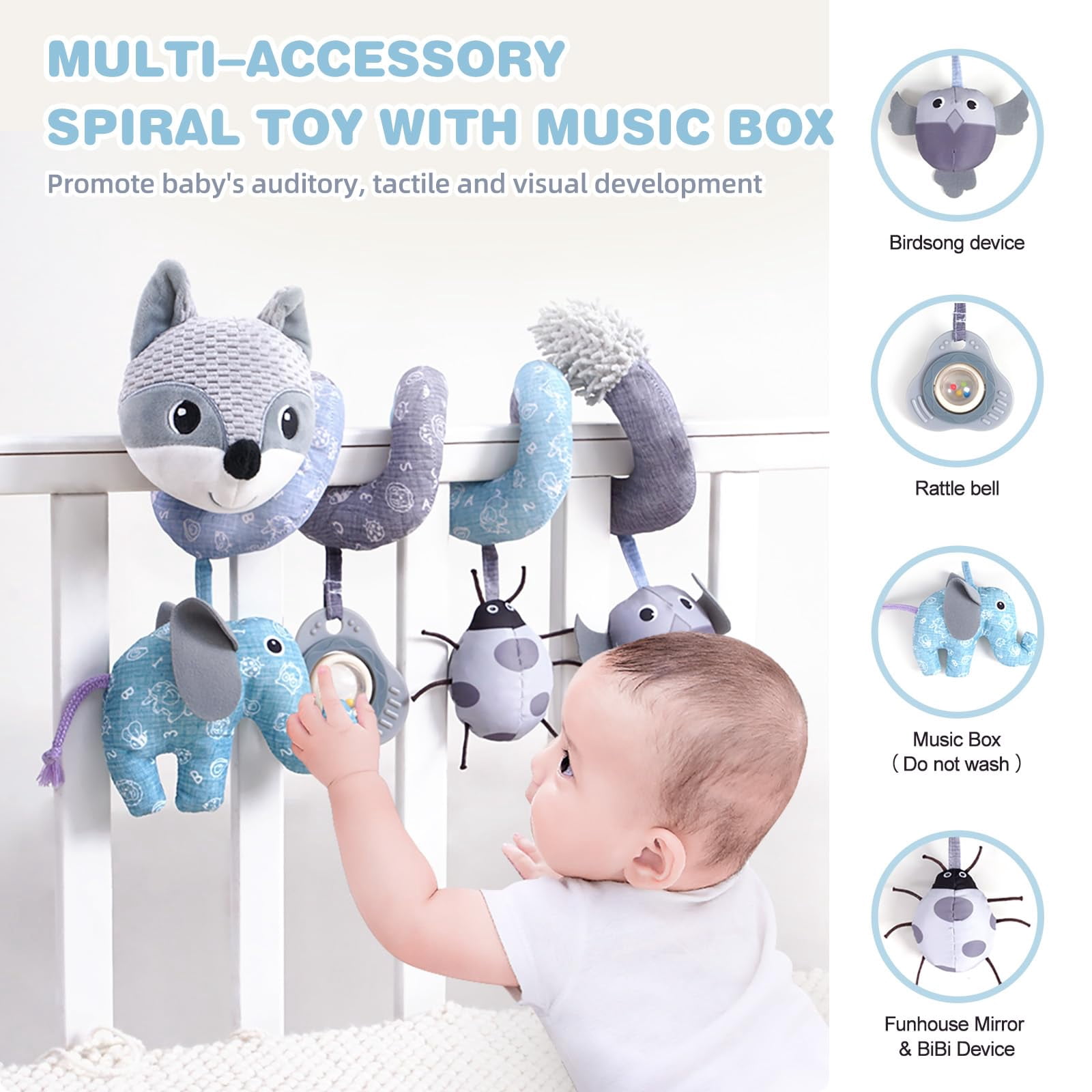 Spiral Car Seat Activity Toy for Babies – 5-in-1 Developmental Set with Music, Rattle & Teether for Brain Stimulation, Stroller, Crib, and Travel Play​