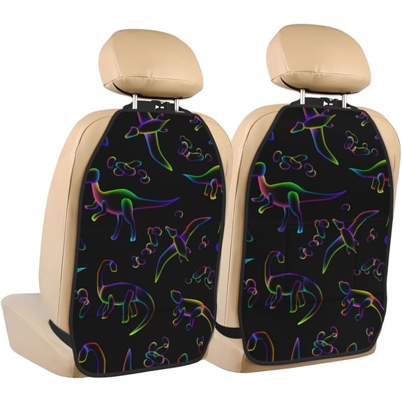 Kdxio Dinosaur Print 2 Pack Car Kick Mat Seat Cover Back Protector Mat with Pockets for Organizer Backseat Protector and Storage Anti Kick Pad for Vehicles