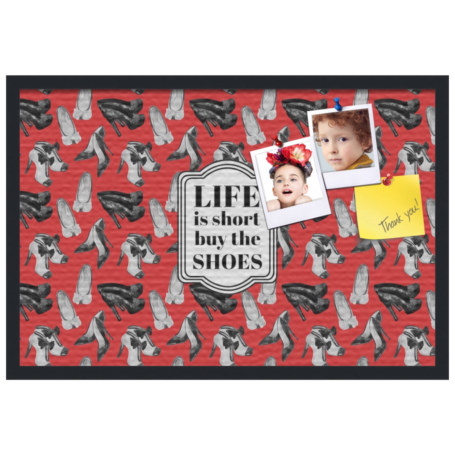 PinPix 30x20 Custom Cork Bulletin Board Buy The Shoes Poster Board Has a Fabric Style Canvas Finish, Framed in Buy The Shoes, by ArtToFrames (PinPix-1492)