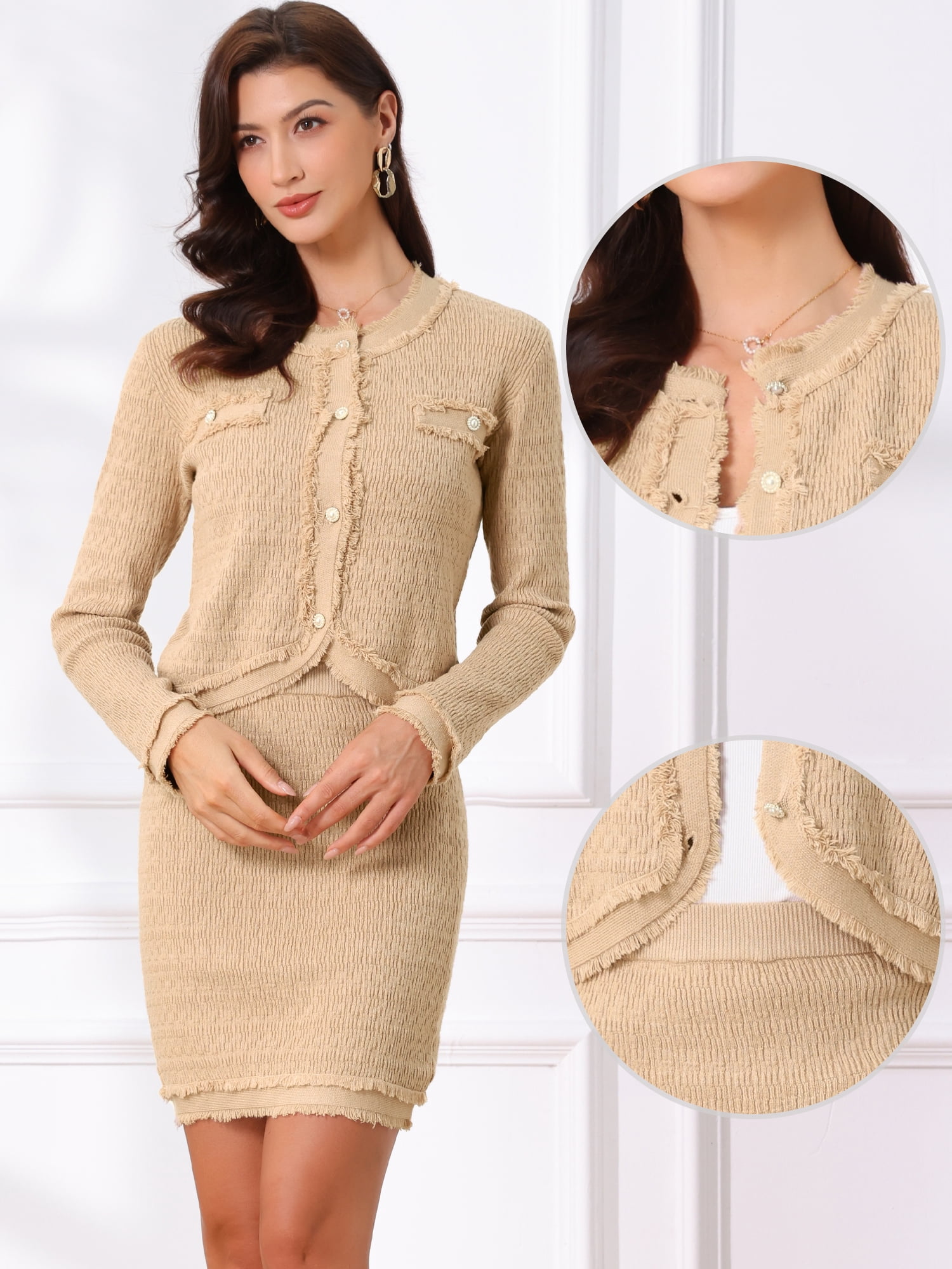 DARING DIVA Elegant 2 Piece Sweater Skirt Set Business Outfit S Apricot