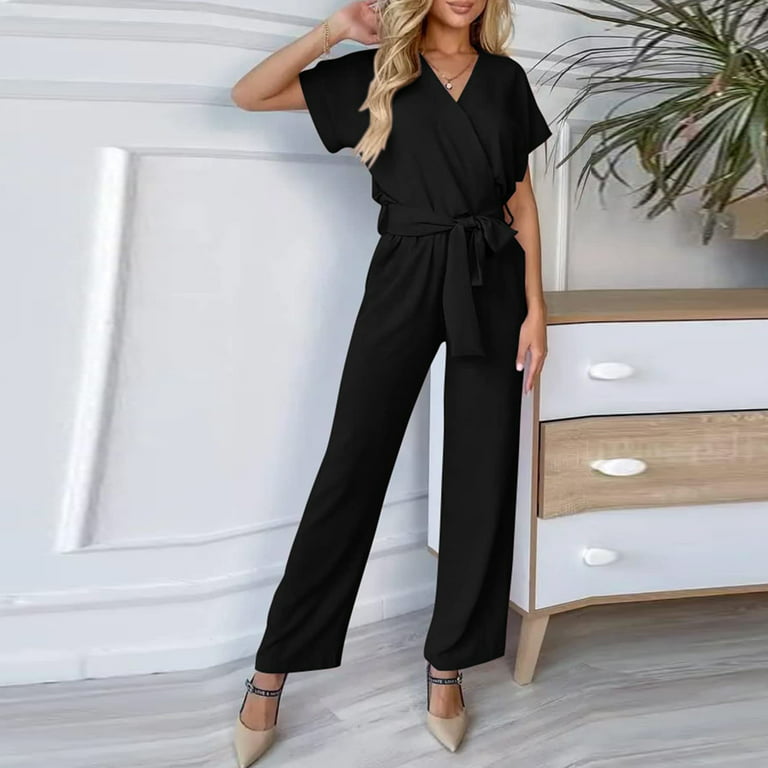 KIJBLAE Womens Short Sleeve V-Neck Rompers Jumpsuit with Belted Summer  Fashion Casual Loose Long Playsuit Solid Color Workout Playsuit for Ladies  2023 Plus Size Playsuit Playsuit Black L 