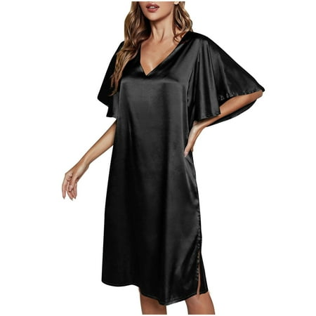 GHSOHS Robes for Women Sleep Shirts House Coats for Women with Pockets Solid Color Ice Silk Nightdress Summer Short Sleeve Women s Gown Sleepwear Sleepshirt Robe Pajamas Nightgown Homewear Lingerie