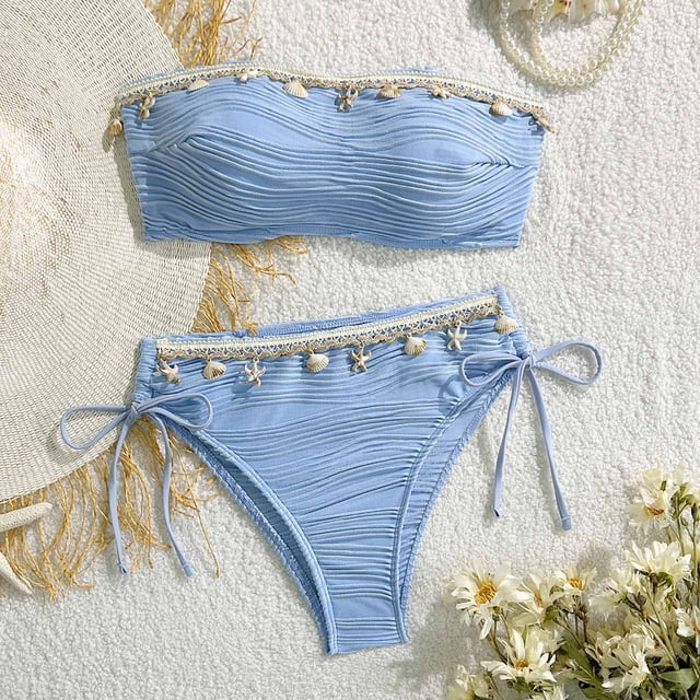 Traje de baño de 2 piezas para mujer, trajes de baño para mujer, conjunto de bikini de tres piezas sin tirantes de color liso para mujer con sujetador acolchado.