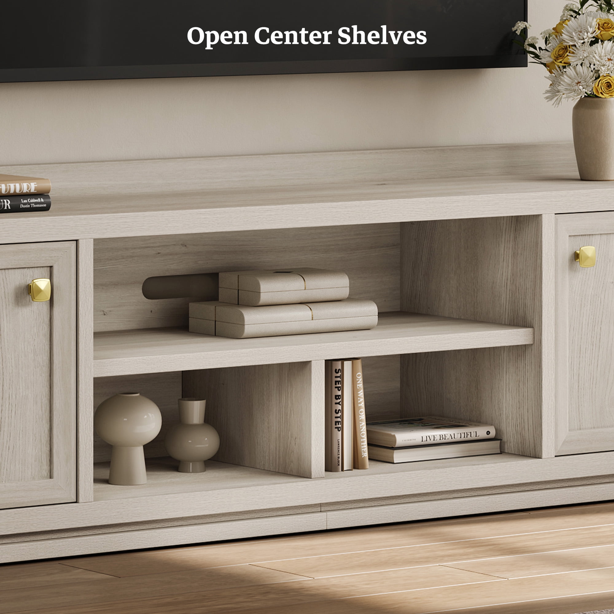 SICOTAS Farmhouse TV Stand for TVs up to 75", Entertainment Center with Storage Cabinets & Open Shelves, Wood TV Cabinet, Media Console Table for Living Room, White Oak
