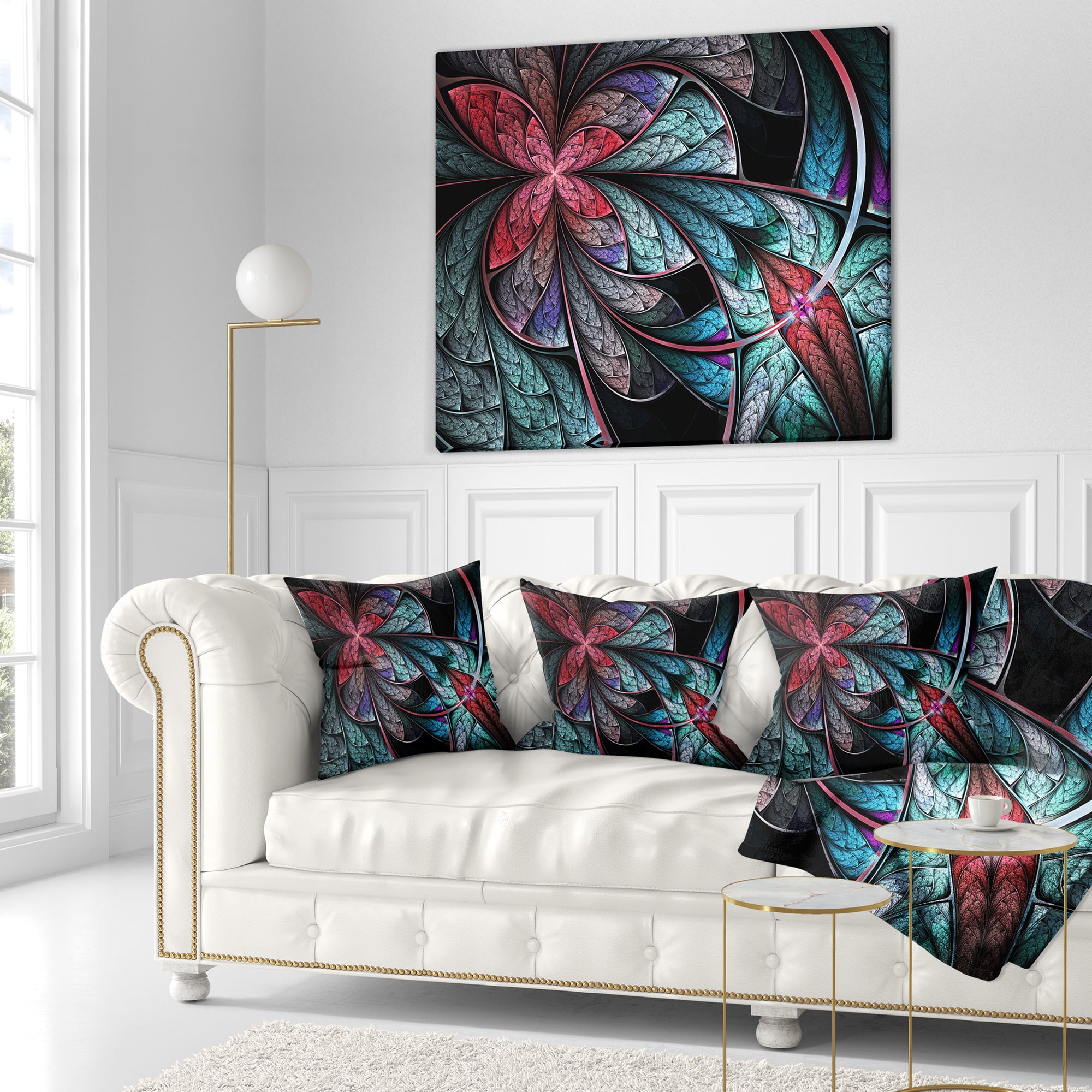 Designart Turquoise and Red Fractal Flower Pattern - Floral Throw Pillow - 16x16