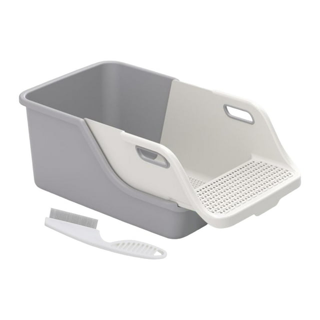Almencla Cat Litter Box Compact Professional Open Top Low Entry Easy Clean Cat Toilet White Gray