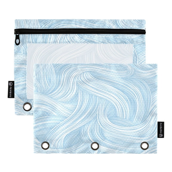 2 Pack 3 Ring Binder Pouch with Clear PVC Window Water Resistant Zipper Pencil Pouch Light Blue Wavy Lines Binder Pocket for Classroom Office Home Stationery Organization