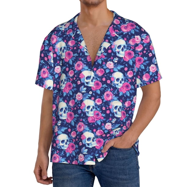 Fotbe Skull Flower Camisa Estampada de Manga Corta para Hombre, Casual de Verano, Estilo Playero, Sin Arrugas-3X-Large