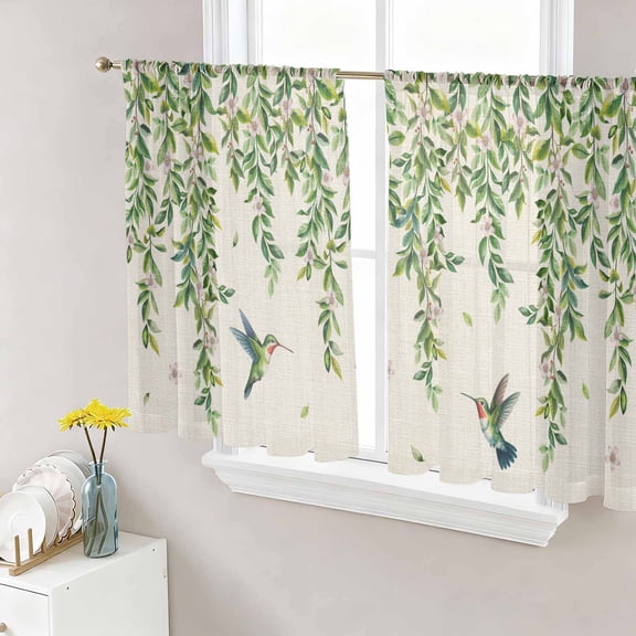 Spring Botanical Sheer Curtains 45 Inch Length 2 Panels Set Window Treatments, Watercolor Leaves Flowers Birds Beige Rod Pocket Semi Curtains for Living Room/Bedroom/Kitchen Décor, 104"W x 45"L