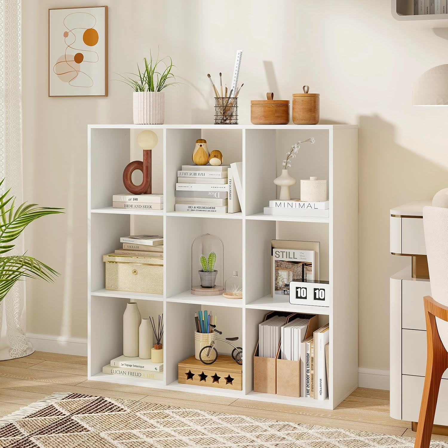XiangJi 9-Cube Bookcase, 4-Tier Bookshelf with Open Compartments, Freestanding Cube Storage Organizer with Anti-Toppling Kits, Modern Display Shelf for Living Room, Study, Office, White (1,9-Cube)
