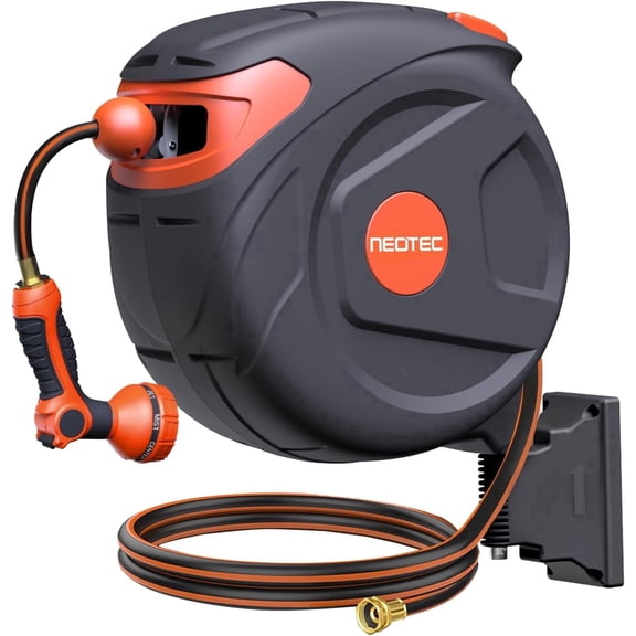 5/8 inch x 65 ft Retractable Garden Hose Reel, Heavy Duty Wall Mounted Hose Reel with Automatic Slow Return, Any Length Lock, 9 Pattern Nozzle, 180° Swivel Bracket, UV Resistant