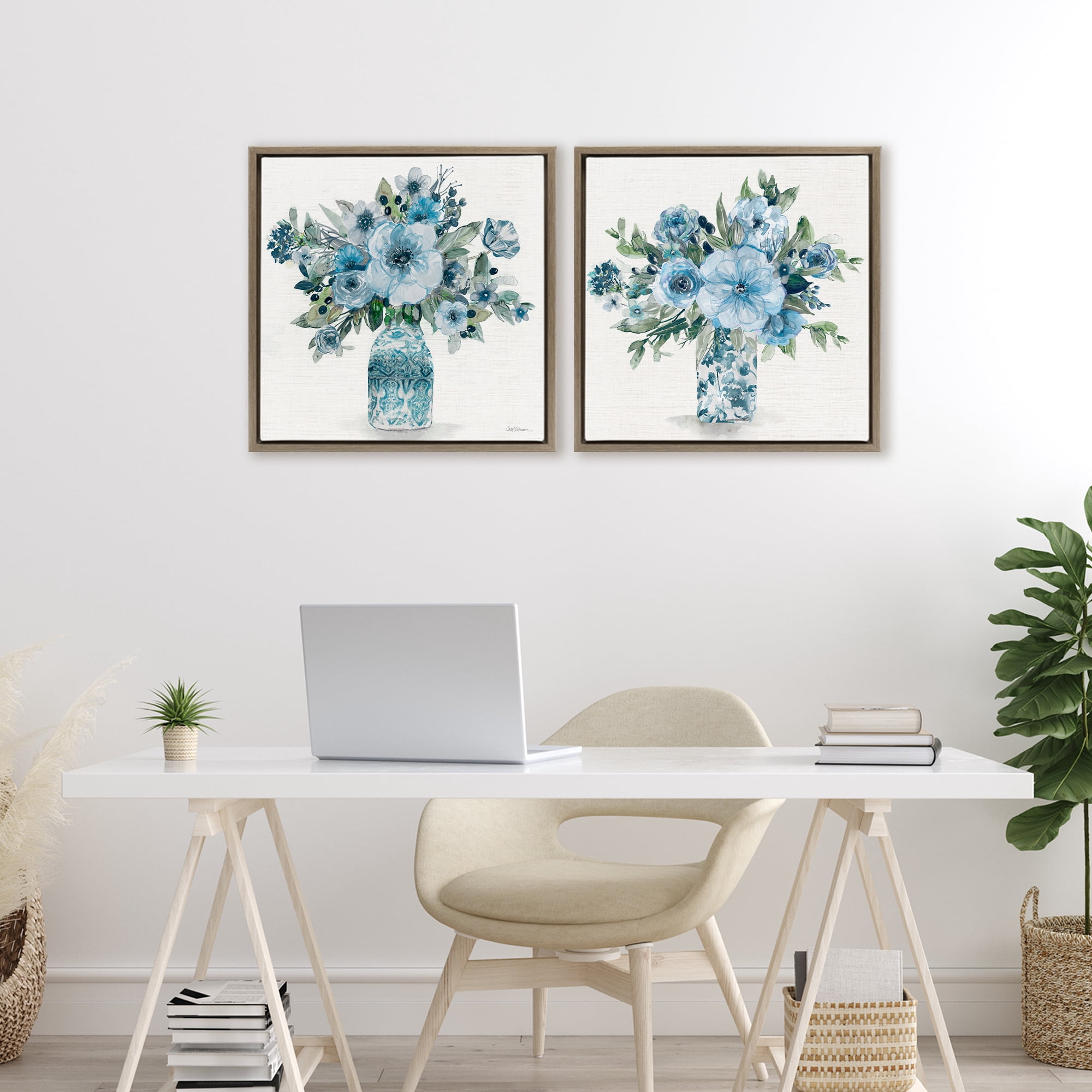 Stupell Industries Pastel Blue Floral Vase Arrangements 2 Piece Brown Framed Floater Canvas Set, design by Carol Robinson