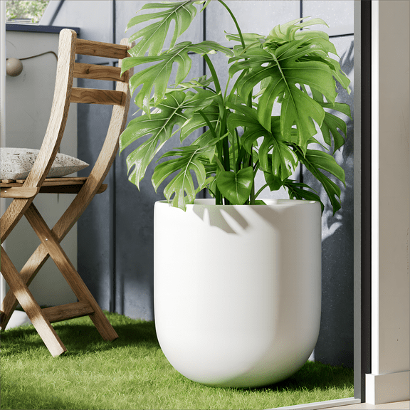 BEMAY 12" Ceramic Plant Pot, Large Flower Pot with Drain Holes& Plug Indoor Planter, White Plant Pot