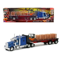 Kenworth W900 Truck with Flatbed Trailer Blue with Forklift and Pallets "Long Haul Truckers" 1/32 Diecast Model by New Ray