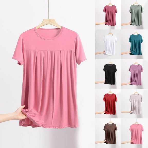 Aboser Women's Modal Tunic Tops Plus Size Short Sleeve T Shirts Casual Pleated Front Blouse Loose Fit Round Neck Tshirts Solid Color Summer Clothes