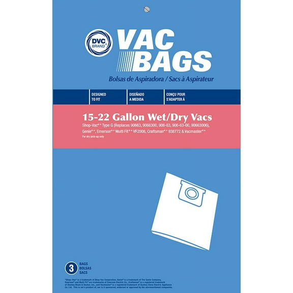 DVC ShopVac Multi-Fit 15 -22 Gallon Paper Vacuum Bags 3 Pack 406815