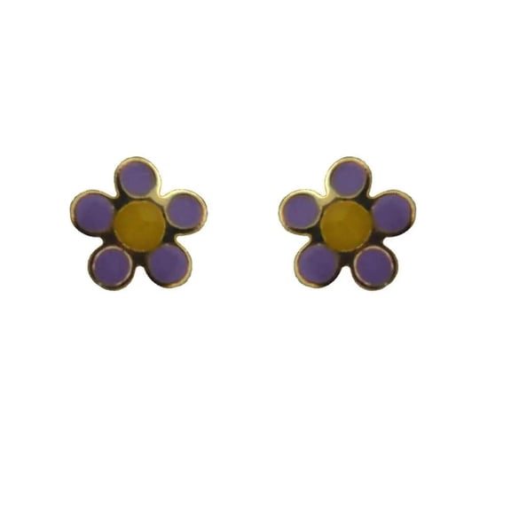 18K Solid Yellow Gold Lilac with Yellow Enamel Flower Covered Screwback Earrings