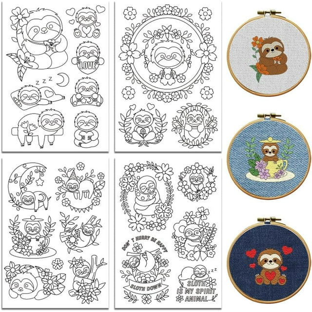 Water Soluble Embroidery Patterns for Beginners 4 Sheets with 33pcs Sloth Patterns Wash Away Stick and Stitch Embroidery Pattern Stabilizer for Hand Sewing Lover Women Adults