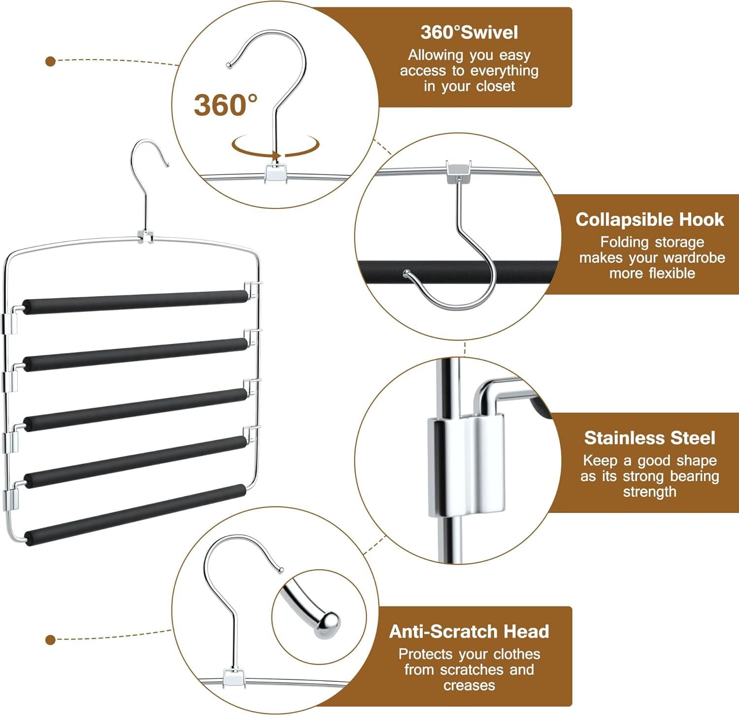 Pants Hangers Non Slip Jean Hangers Space Saving Hangers 2 Pack Multi-Layer Swing Arm Pants Hanger Closet Storage Organizer for Jeans Trouser Slack Clothes,Pants Hangers for Men (Black)