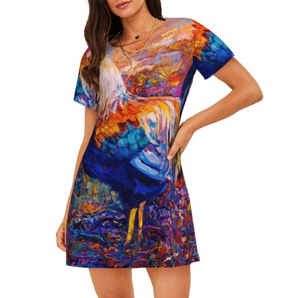 Easygdp Rooster Oil Painting Camisón de manga corta para mujer, informal, estampado