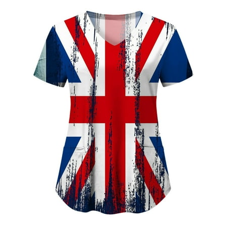 

National Flag Printed Working Uniform Lady Womens Casual Independence Day V Neck Print Short Sleeve Pocket Top Pocket Top T Shirt Scrubs Uniform Nurses