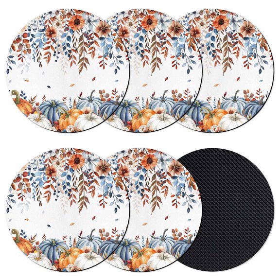 Orange Blue Pumpkins Fall Coasters Set of 6, Absorbent Coasters for Drinks, Thanksgiving Floral Botanical Coaster for Desk Coffee Table Protection, Home Decor House Warming Gifts 4"