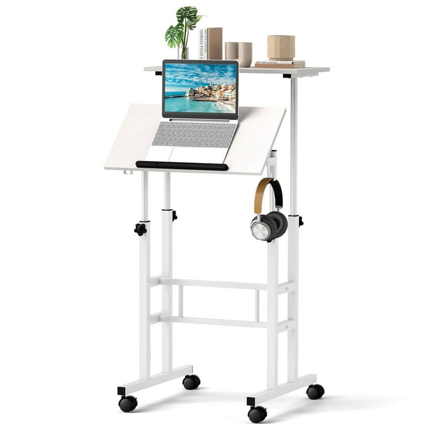 Costway Bureau Debout Mobile à Hauteur Réglable avec Plateau Inclinable et 2 Crochets Suspendus Blanc