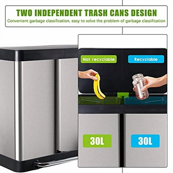 Kitchen Trash Can 16 Gallon/ 60L, 13Gallon/50L, 10Gallon/40L Stainless Steel Trash Can with Lid & Removeable Barrel, High-Capacity Step Garbage Can Classified Recycle Rubbish Bin for Bathroom Bedroom