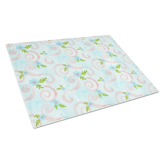 Caroline's Treasures Watercolor Blue Flowers and Swirls Glass Cutting Board Large