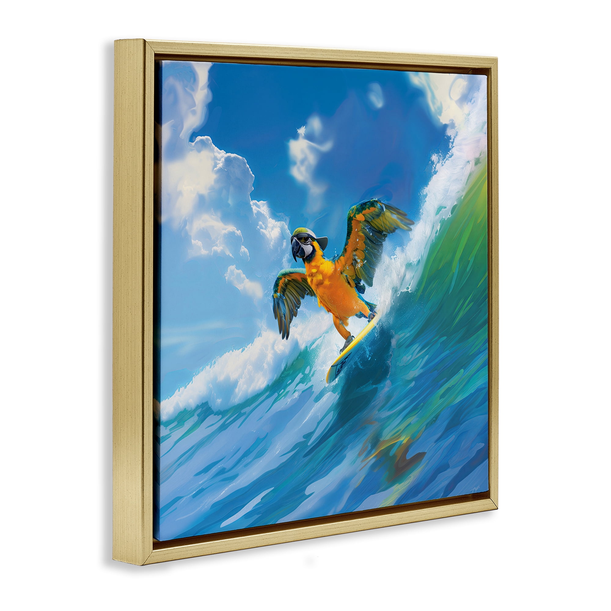 Stupell Industries Parrot Surfing Sea Waves Nautical & Beach Painting Gold Floater Framed Canvas Art Print Wall Art, 18 x 18