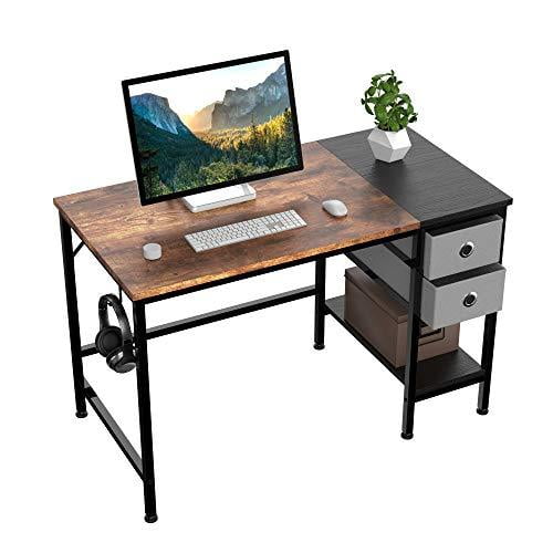 40 inch Office Desk with Two Non Woven Drawers, Computer Desk with Metal Storage Shelves, Work Table for Bedroom, Home, Office, Kid Student Study Desk for Dorm Room