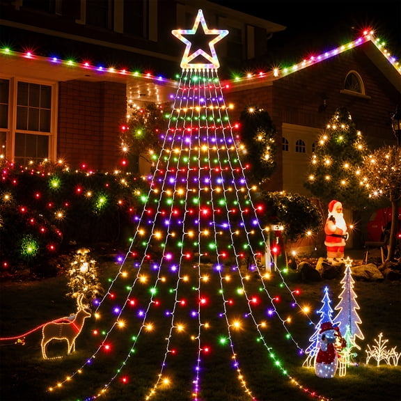 VOLIVO Outdoor String Lights, Waterfall Star Lights for Outdoor, 317 LEDs, for Christmas Tree, New Year Decoration (Star-Multicolor)