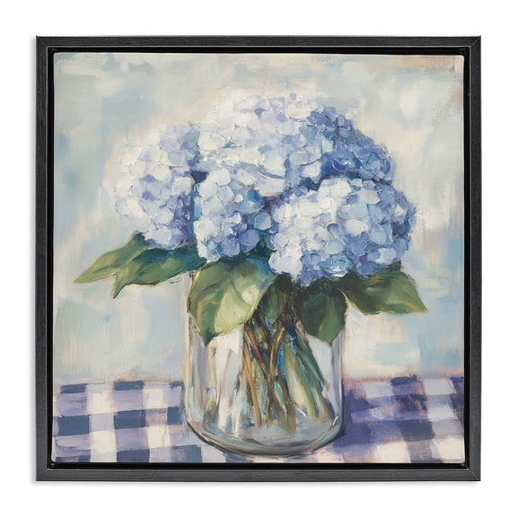 Stupell Industries Hydrangeas on Gingham Tablecloth Black Framed Floater Canvas Wall Art, design by Petal Prints Design