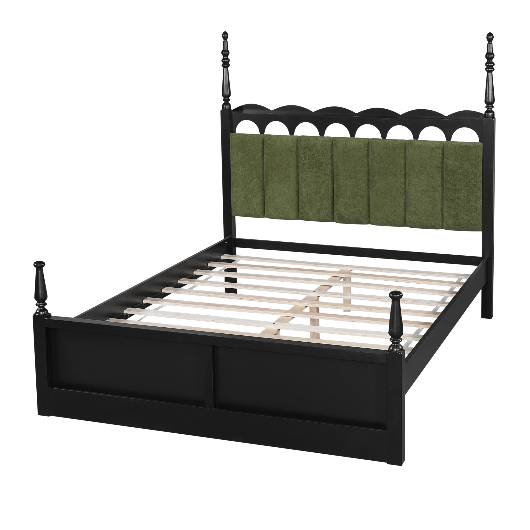 Christopher Knight Home Queen Wood Bed Frame with Scalloped Tufted Chenille Headboard, Black+Green