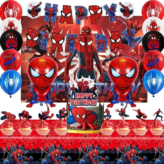 Spiderman Birthday Party Supplies Kit -30 Pcs Spiderman Party Set with Banner Backdrop Tablecloth & Spiderman Balloons Cake Topper etc Spiderman Themed Birthday Party Decorations for Kids