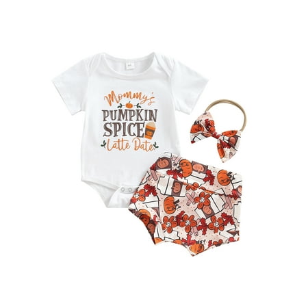 

3Pcs Baby Girls Halloween Outfit Pumpkin/Letter Print Short Sleeve Romper + Shorts + Headband Set for Infants 0-18 Months