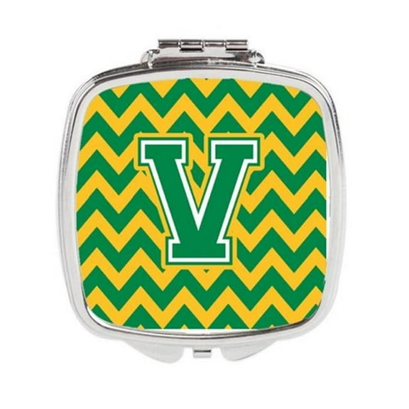 Carolines Treasures Letter V Chevron Green & Gold Compact Mirror - Green & Gold - 3in. H x 0.3in. W x 2.75in. L