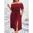 thumbnail image 4 of AURA Women Off Shoulder Beach Midi Dress High Waist Wine Red, A Line Split Knit 1XL-3XL, 4 of 7