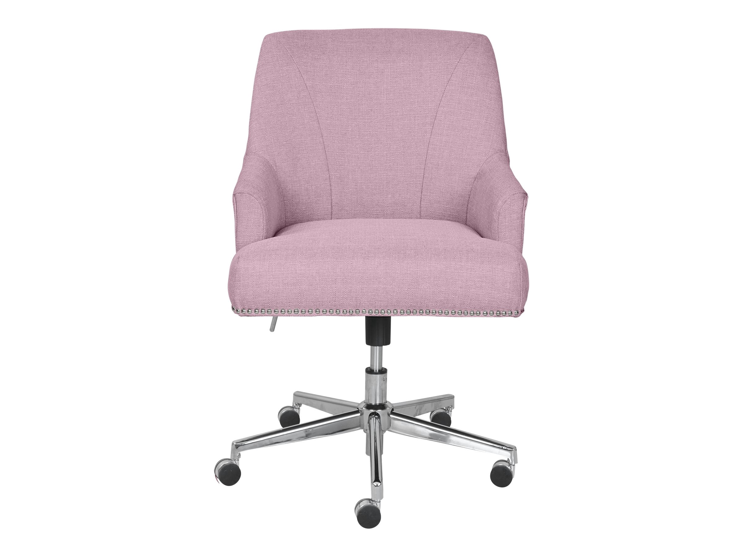 Serta Leighton Home Office Desk Chair, Stylish Mid-Back with Chrome Nailheads, Memory Foam Cushion and Padded Arms, Modern Vanity Armchair, Swivel Base, Twill Fabric, Lilac Purple