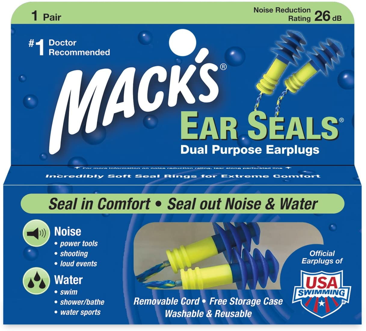 Macks Ear Seals Dual Purpose Earplugs Seal in Comfort and Seal Out Noise/Water - 1 Pair, 2 Pack