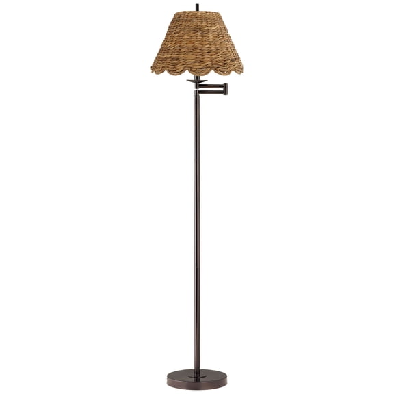 360 Lighting Modern 60" Tall Standing Floor Lamp Skinny Adjustable Swing Arm Brown Metal Bronze Finish Water Grass Natural Rattan Shade