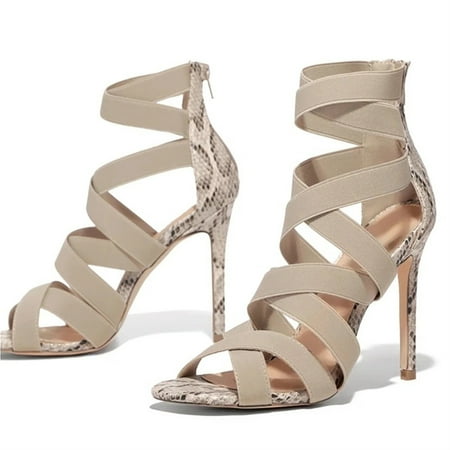 

Women‘s Back Zipper Stiletto Cross Strap High Heels Snakeskin Print Open Toe Sandals Party Pumps