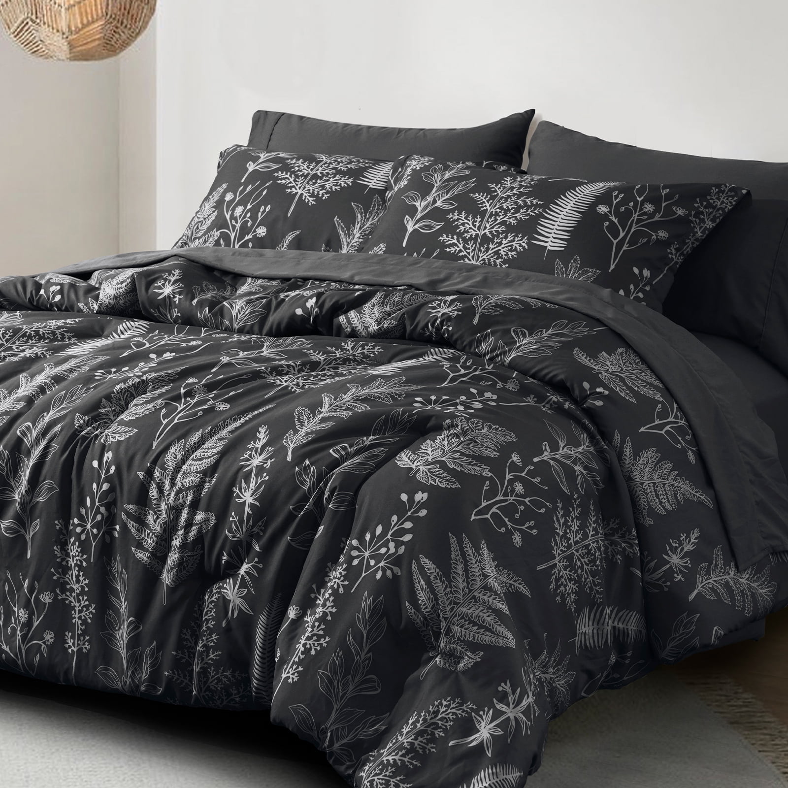 PHF 3 Pieces Printed Comforter Set Queen Size, Lightweight Botanical Floral Bed in a Bag, Ultra Soft Bedding Set with 1 Reversible Comforter and 2 Pillow Shams, Black
