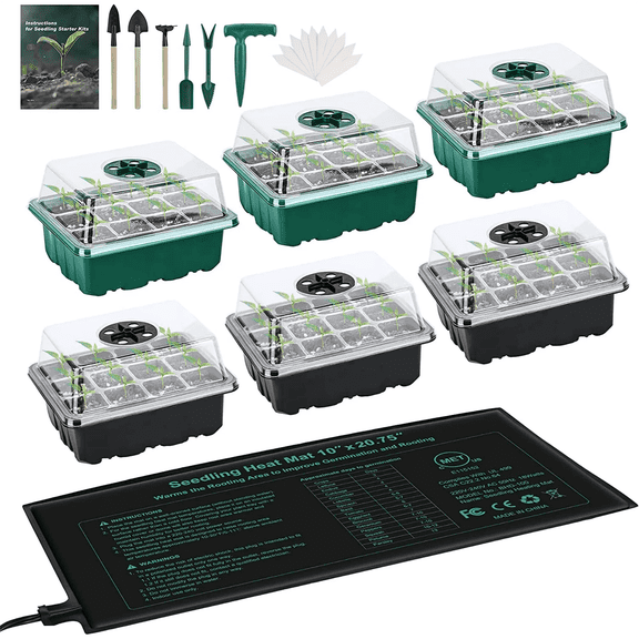 6-Pack Seed Starter Tray with Heat Mat(12 Cells per Tray), Plant Germination Trays with Adjustable Humidity Dome Seed Trays Seedling Starter with Base Trays for Germination